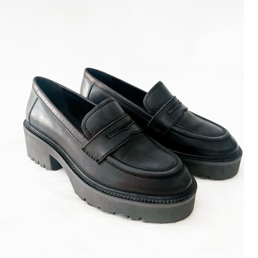 Free People Decker Penny Loafer Black Leather Lug Sole Platform EU 39 US 9